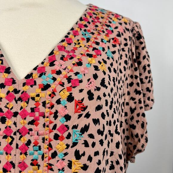 Savanna Jane Animal Print Embroidered Boho Shirt Dress Ruffle Hem Casual Size 1X - Picture 7 of 16